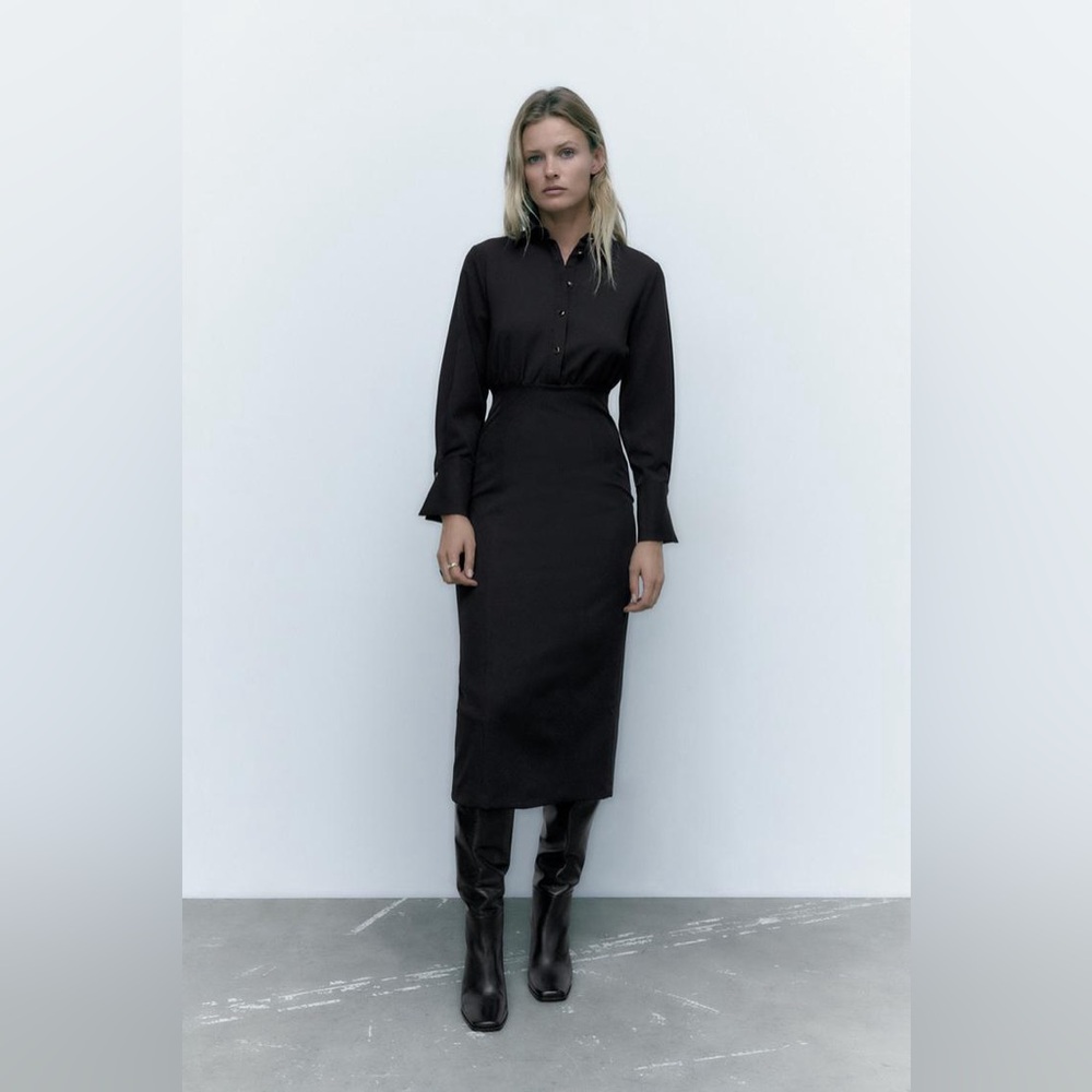 ZARA Fitted Shirt Dress Black with black and gold buttons Size XS